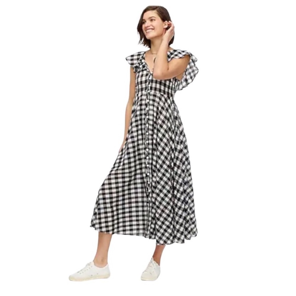 J. Crew Beachwear Black & White Gingham
Button Up Ruffle A-Line Maxi Dress